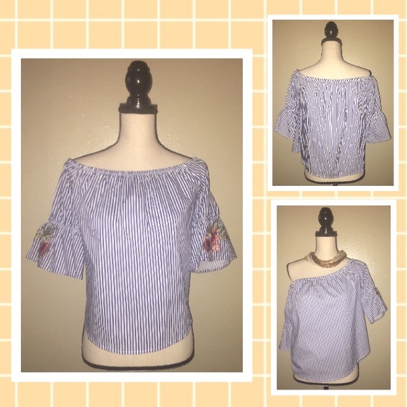 Tops - 🌹 Off Shoulder Embroidery Stripe Top🌹